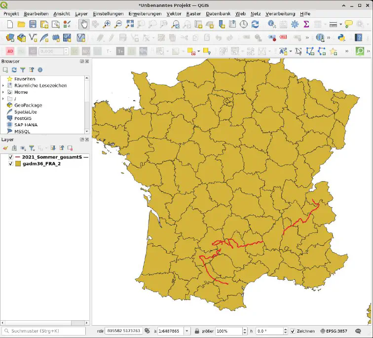 Nach dem Laden der Departementsgrenzen und eines GPX-Tracks