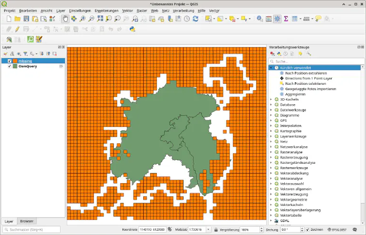 Gebietsgrenzen und Missing Tiles in QGis