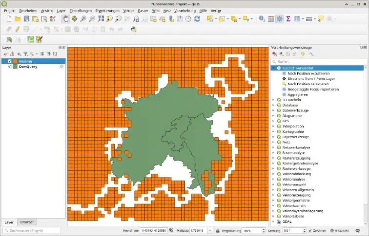 Gebietsgrenzen und Missing Tiles in QGis