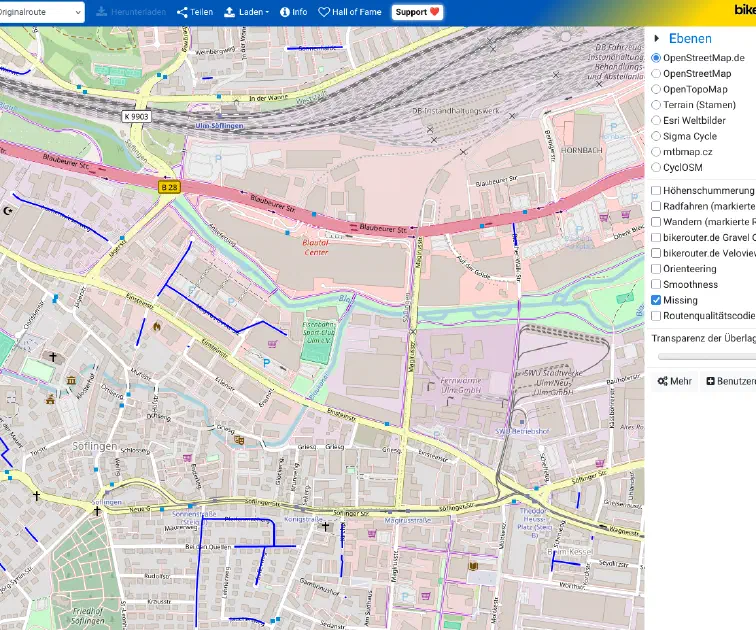 Nicht befahrene Straßen als Bikerouter-Overlay